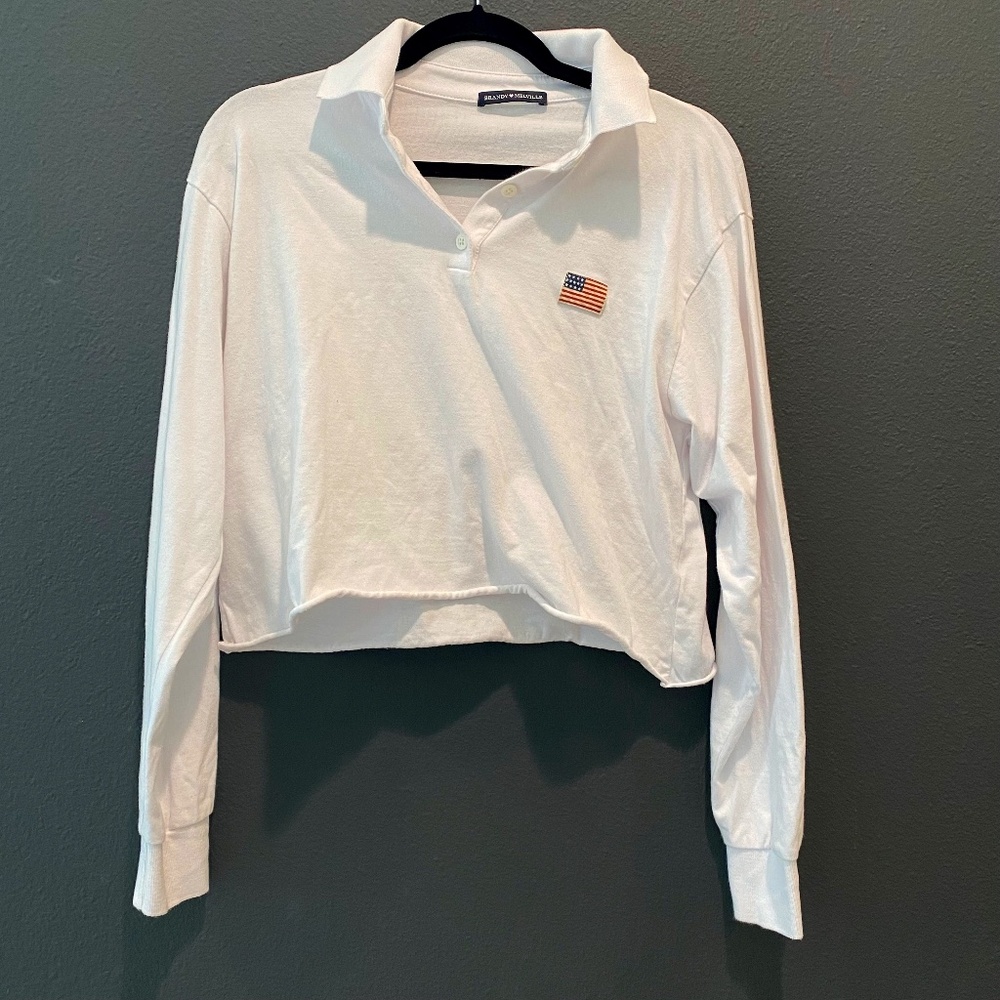 Brandy Melville cropped white USA flag collared long sleeve shirt 4th of July